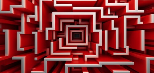 Abstract digital pixel design with a labyrinth maze in red and white on a 3D wall texture, denoting abstract digital pixel design