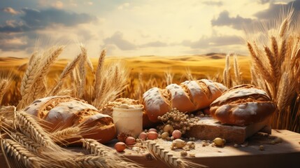 Variety of baked bread on wooden table with wheat field background - obrazy, fototapety, plakaty