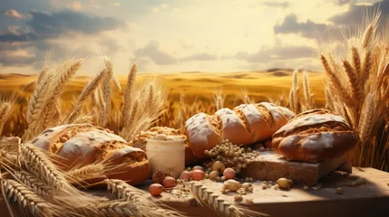 Papier Peint photo Pain Variety of baked bread on wooden table with wheat field background