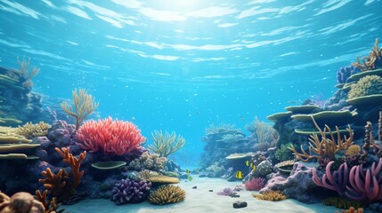 A tranquil underwater scene with a Blue Garnet-encrusted coral reef, teeming with vibrant marine...