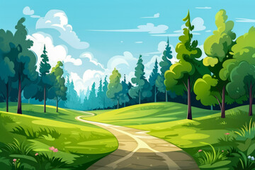 Landscape with mountains, forest and road. Cartoon illustration.