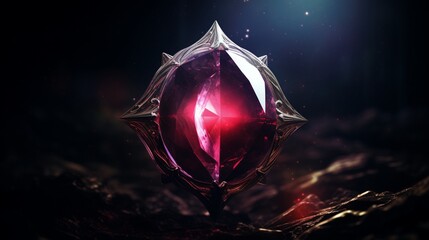 An 8K image of a Star Ruby embedded in an ancient, mysterious artifact, shrouded in history and legend