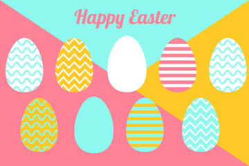  Easter geometrical ornament card with painted  eggs . Holiday covers, posters, banners, greeting card. Flat vector illustration