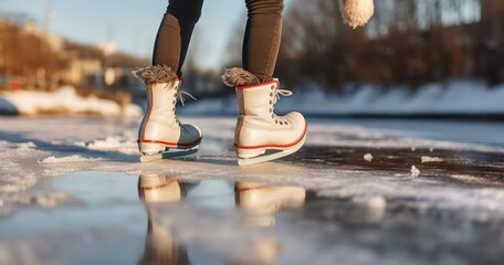 A Woman's Precise Moment of Lacing Up Ice Skates on a Canal's Edge. Generative AI