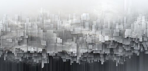 Abstract digital pixel design landscape in grey and white on a 3D textured wall, showcasing abstract digital pixel design