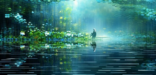 Abstract digital pixel design of a tranquil pond scene in blue and green on a 3D textured wall, focusing on abstract digital pixel design
