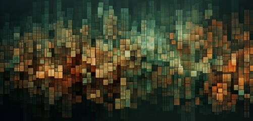 Abstract digital pixel design resembling a forest canopy in green and brown on a 3D textured wall, signifying abstract digital pixel design - obrazy, fototapety, plakaty