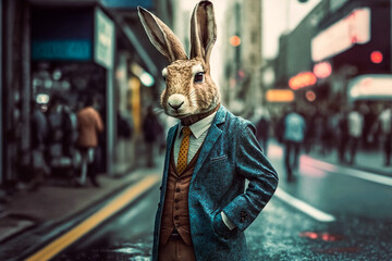 cool Easter bunny standing and posing as hipster modern man