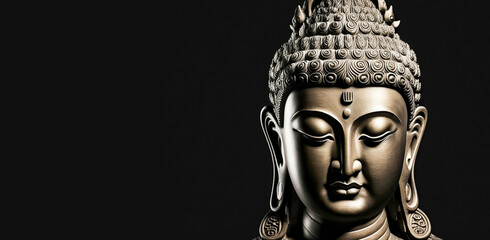 Buddha face on black background  Generative AI - obrazy, fototapety, plakaty
