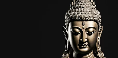Zelfklevend Fotobehang Buddha face on black background  Generative AI © Melinda Nagy