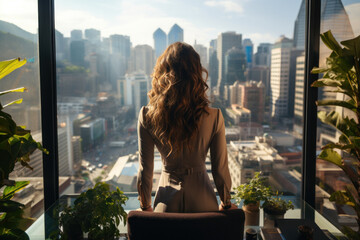 Businesswoman stands by a window in a high-rise office, overlooking a dusk-lit cityscape, her desk adorned with personal mementos.