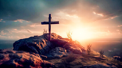 calvary sunset background for good friday he is risen; generative AI - 701895163