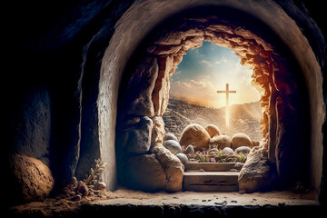 empty tomb of Jesus Christ at sunrise resurrection - obrazy, fototapety, plakaty