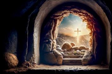 Fotobehang empty tomb of Jesus Christ at sunrise resurrection © Melinda Nagy