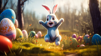 cute Easter bunny running with eggs - 701895385