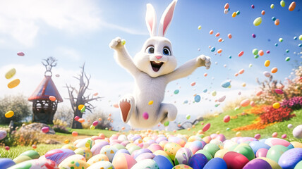 cute Easter bunny running with eggs