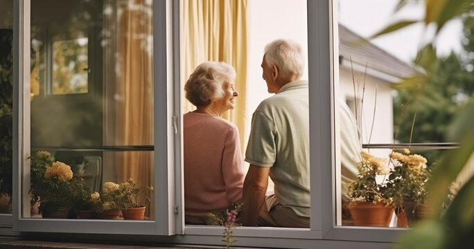 A Senior Couple's Intimate Moment Seen Through the Windowpane of Their Abode. Generative AI