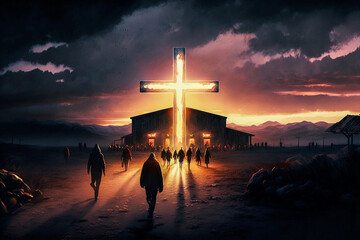 people walking towards a huge cross