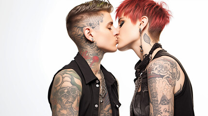 A young punk rock couple with tattoos sharing a gentle kiss on a white background. - obrazy, fototapety, plakaty