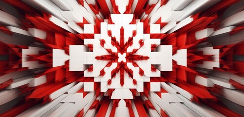 Abstract digital pixel design of a geometric kaleidoscope in red and white on a 3D textured wall, representing abstract digital pixel design