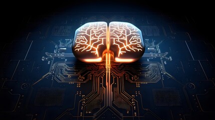 Futuristic Human Brain Chip Implanted On Computer Circuitry Motherboard.  Transhumanism. (Generative AI).