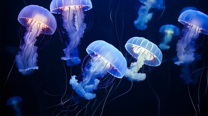 Obraz premium Glowing Blue Jellyfish In The Ocean (Generative AI).