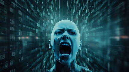 Digital Artificial Intelligence Life Form Screaming Stuck In The Realm Of Binary Code Technological World.  (Generative AI).