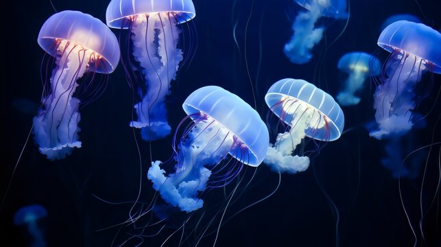 Glowing Blue Jellyfish In The Ocean (Generative AI).