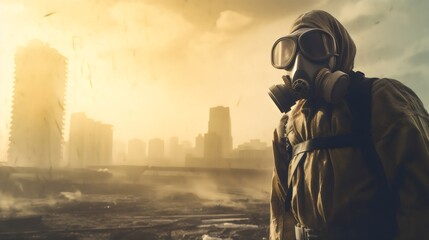 Man In Gas Mask And Hazmat Suit Navigating A World War 3 Post Apocalyptic Nuclear Disaster.  (Generative AI). - obrazy, fototapety, plakaty