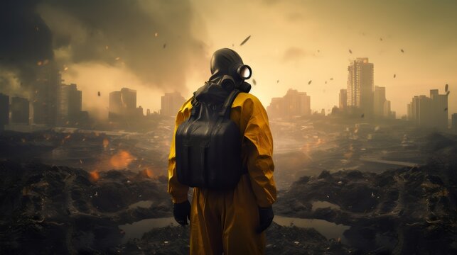 Man In Gas Mask And Hazmat Suit Navigating A World War 3 Post Apocalyptic Nuclear Disaster.  (Generative AI).