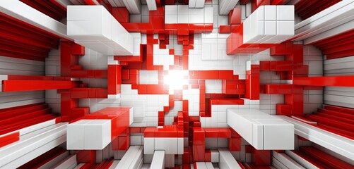 Abstract digital pixel design with an art deco geometric pattern in red and white on a 3D wall, embodying abstract digital pixel design