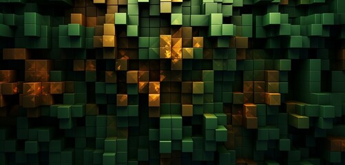Abstract digital pixel design in a lattice of leaves pattern in green and brown on a 3D wall, capturing abstract digital pixel design