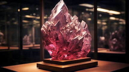 An incredibly detailed 4K image of a Poudretteite specimen in a museum display, showcasing its historical significance and its place in the world of gemstones - obrazy, fototapety, plakaty