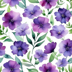 Watercolor purple floral background. Purple flowers with leafs.