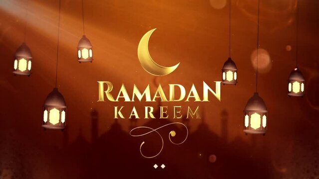 Ramadan kareem lettering with lanterns and moon, animation packshot