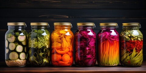 Home canning for the winter. Glass jars with vegetables and spices. Healthy food. Generative AI - obrazy, fototapety, plakaty