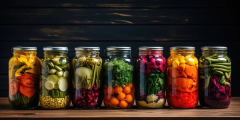 Fototapeten Home canning for the winter. Glass jars with vegetables and spices. Healthy food. Generative AI © 22_monkeyzzz