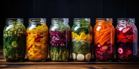 Home canning for the winter. Lots of glass jars with canned vegetables. Healthy food. Generative AI - obrazy, fototapety, plakaty