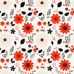 Illustrated Flat Vector Blood Orange Flowers with Black Branches Seamless Pattern