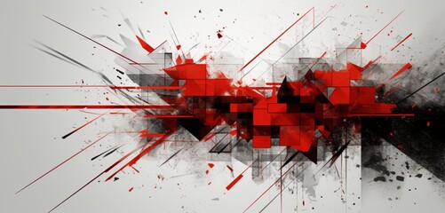 Abstract digital pixel design featuring a modern art splatter in red and white on a 3D wall texture, showcasing abstract digital pixel design