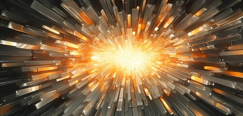 Abstract digital pixel design of sunburst rays in orange and grey on a 3D wall texture, depicting abstract digital pixel design