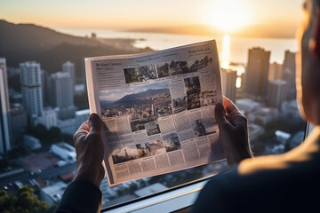 Hands hold a newspaper against a city dawn, the first rays highlighting the print and the awakening skyline in the backdrop - obrazy, fototapety, plakaty