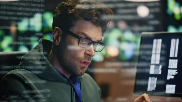 Inspired software developer working computer in room data reflection closeup