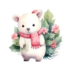 cute baby ice bear and his cactus watercolor illustration