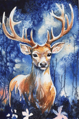 Watercolor Deer Hand Painted Winter Scene Illustration