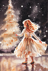 Cute girl and Christmas tree. New Year card. winter holiday watercolor illustration