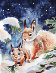 Squirrel on a snow covered tree. Watercolor winter.