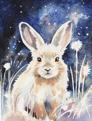 Watercolor Hare with Winter Florals. Forest Animal illustration.