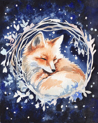 Watercolor card. Beautiful illustration with fox and plants