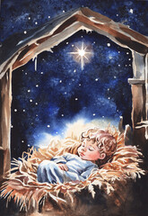 Live Christmas nativity scene of 8 days old baby boy sleeping in a manger
